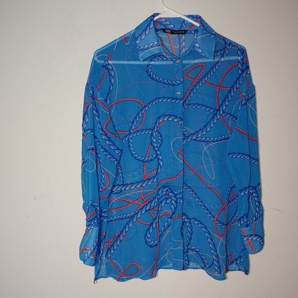 ZARA Nautical Ropes Print Oversized Blouse Shirt Size XS Blue - Picture 1 of 5